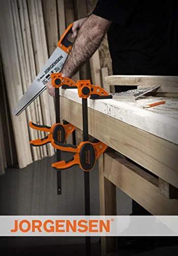 Jorgensen 2-pack 12-inch ratchet bar clamps with orange handles and E-Z Hold spreader, front view