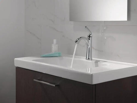 Geist Chrome One Hole Bathroom Faucet For Vanity, Easy Install Sink Tap With Flowing Water On Modern White Sink