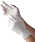 Hands putting on Top Notch Latex Disposable Gloves With Corn Starch Powdered Finish For Food Handling And Light Industrial Chores Smooth As Butter X Large.