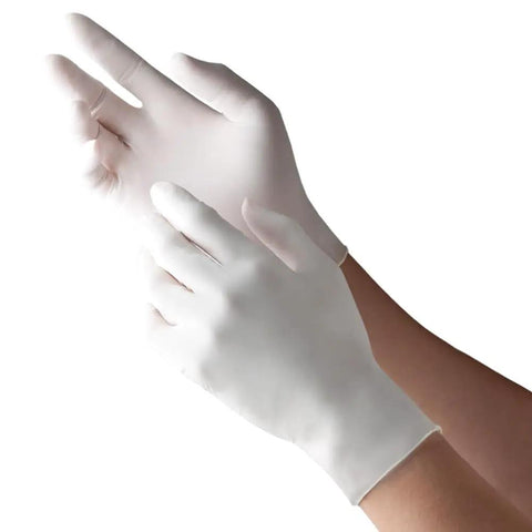 Hands putting on Top Notch Latex Disposable Gloves With Corn Starch Powdered Finish For Food Handling And Light Industrial Chores Smooth As Butter X Large.