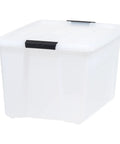 Hella Sturdy Stackable Storage Bins With Durable Plastic Build secure snap lid and ergonomic handles, clear stackable bin.