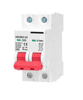 Built Like A Tank Heavy Duty Solar Circuit Breaker Tailored For Photovoltaic Systems With DC 1000 V Output And No Nonsense Overload Protection Switch Specs, white and red design, front view.