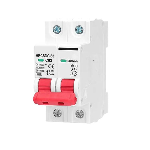Built Like A Tank Heavy Duty Solar Circuit Breaker Tailored For Photovoltaic Systems With DC 1000 V Output And No Nonsense Overload Protection Switch Specs, white and red design, front view.