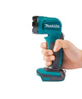 Hand holding Beast 18V LXT Cordless LED Flashlight With 160 Lumens Four LED Array 12 Position Pivot Head Ranging 60 To 110 Degrees Metal Hang Hook Rugged Jobsite Light For Quick Inspections And Tight Spaces