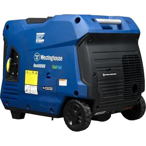 Dual Fuel 5000 Peak Watt Inverter Generator with remote start, gas or propane powered, RV ready 30A outlet, side view