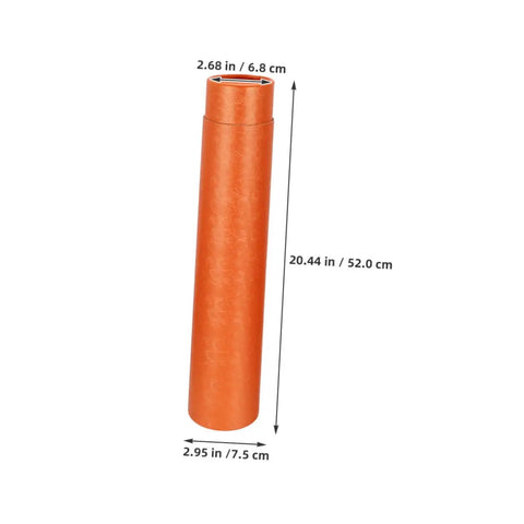 Orange poster tube with dimensions labeled, representing Adjustable Telescoping Poster Tube 52 to 95 cm for Posters, Blueprints and Artwork.