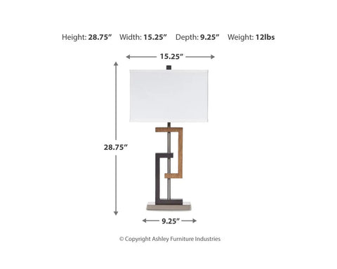 2-Pack Contemporary Table Lamps Set With Faux Wood Geometric Bases, 28.75 Inch Tall, Brushed Silver Finish, Square Fabric Shades with dimensions
