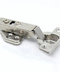 Top Grade Stainless Steel Soft Close Hinges For Cabinets And Closets Featuring Hydraulic Full Overlay Action With No Sweat Mounting And Rock Solid Durability In A 20 Piece Pack, hinge close-up.