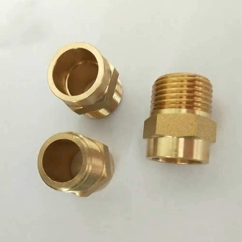 Three brass fittings from Pro Grade Brass Hose Fitting Set 3/8, 1/2, 3/4, 1 Inch BSP Male to Solder Cup Connector End Feed.
