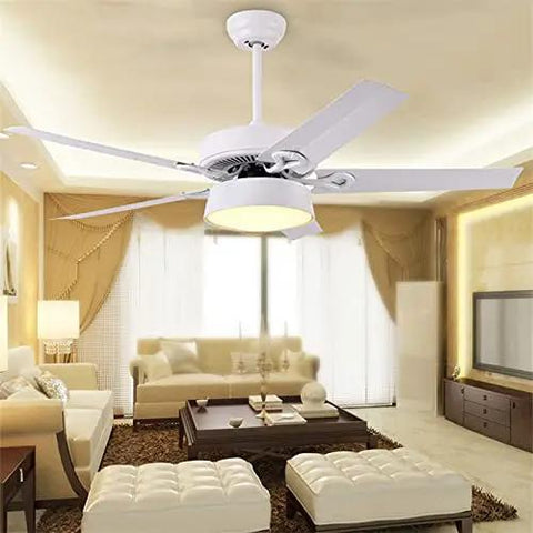 Modern Ceiling Fan With Led Light Kit And NoFuss Remote Control Bringing Smooth Airflow And Three QuickToggle Light Modes Perfect For Bedroom Living Space Or Kitchen Decor With Solid Wood Blades in white color installed in a stylish living room.