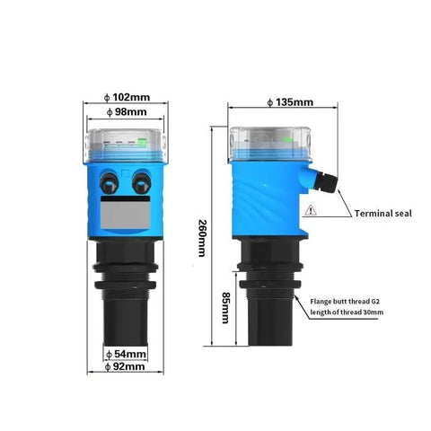 Front and side view of Water Level Sensor With Wireless 0-10m Range Tank Gauge With 4-20mA Output And Relay for remote management