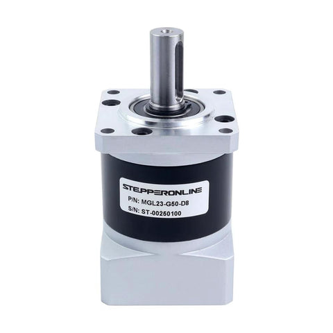 Stepper motor with STEPPERONLINE MGL23 planetary gearbox, 50:1 ratio, 45 arc-min backlash, 8mm shaft, NEMA 23.