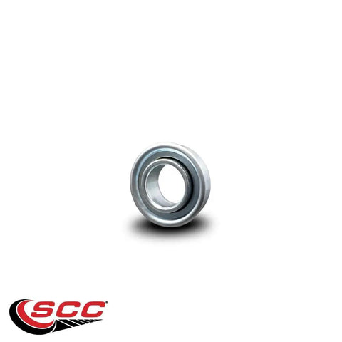 Heavy Duty Flanged Ball Bearing For Industrial Caster Wheels Featuring 3/4 Inch Inside Diameter And 1 3/8 Inch Outside Diameter, viewed from side angle.