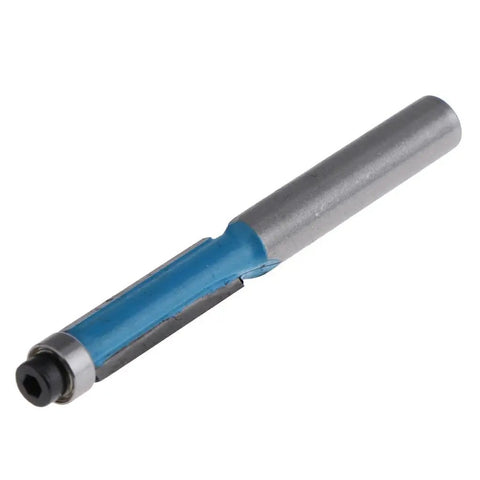 Jinhxofs 6-Piece Heavy Duty Flush Trim Router Bits With Alloy Tipped Cutters For Smooth Milling And Balanced Work On Solid Wood Or Particleboard, close-up of router bit with blue coating.