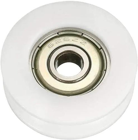 Sleek Metal V-Groove Bearing Pulley For Linear Systems 6mm Bore 30mm OD 10mm Thick showing bearing and white shell for smooth guidance.
