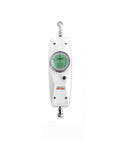 Analog Push Pull Force Tester Tension Meter Dynamometer For Accurate Compression Testing, 0 To 10 Kgf Range NK-100N, High Precision 1 Percent Full Scale, Center Axis Travel, Great For Lab And Shop front view, white metal gauge with hook