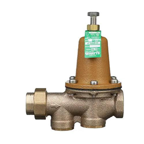 Watts LF25AUB-Z3 pressure reducing valve, 3/4 inch NPT female union x NPT female, brass body with green label.