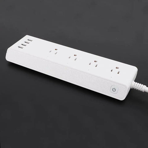 Totally Smooth Smart Power Strip With Four Wall Outlets And Four USB Charging Ports, white color, flat design, practical for home use.