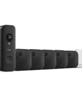 Five camera wirefree home security kit in modern black featuring 2K doorbell footage and quick sync module.