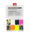 TNT Kit 82-Piece Trout Lure Set With 70 Soft Plastic Bodies And 12 Jig Heads in storage box with top colors visible