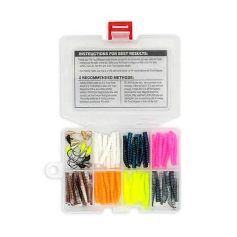 TNT Kit 82-Piece Trout Lure Set With 70 Soft Plastic Bodies And 12 Jig Heads in storage box with top colors visible