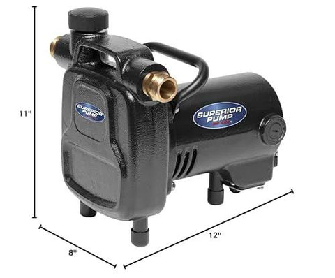 Superior Pump 90050 transfer pump, front view; black metal body with brass fittings