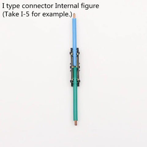 I-5 100Pcs Butt Joint Wire Connectors Kit with Crimp Lock Quick Splice Terminals showing internal figure with cables inserted
