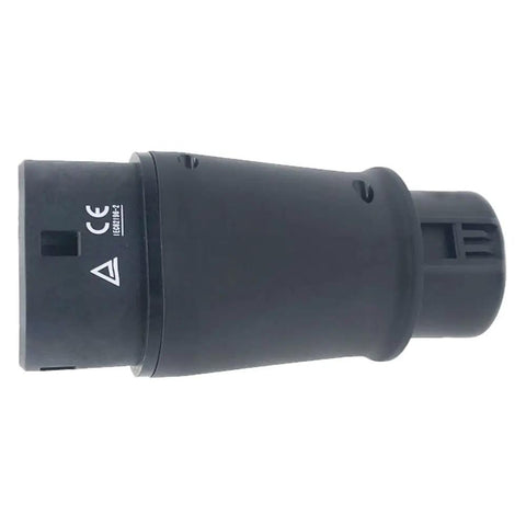 J1772 To IEC 62196-2 Type 1 To Type 2 EV Charger Adapter, black, side view, weather resistant, for Type 2 EVs and Type 1 stations.