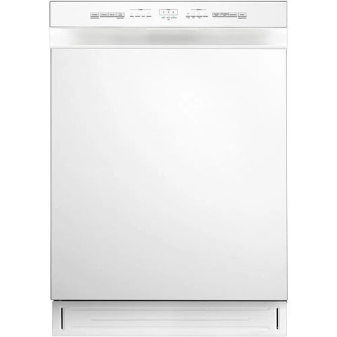 Low Maintenance Front Control Dishwasher Featuring A Hybrid Stainless Tub And Smart Auto Cycle For No Sweat Daily Cleans And Heavy Duty Batch Scraping With Quiet Operation. Front view in white.
