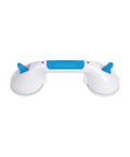 12-Inch Suction Shower Grab Bar With Ultra Grip Dual Locking Cups shown in side view with blue handles and white cups