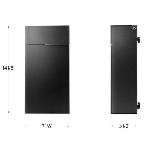 Front and side view of Modern Wall Mount Mailbox In Black Powder Coated Aluminum No Fuss Rust Proof And Ultra Durable Easy Install.