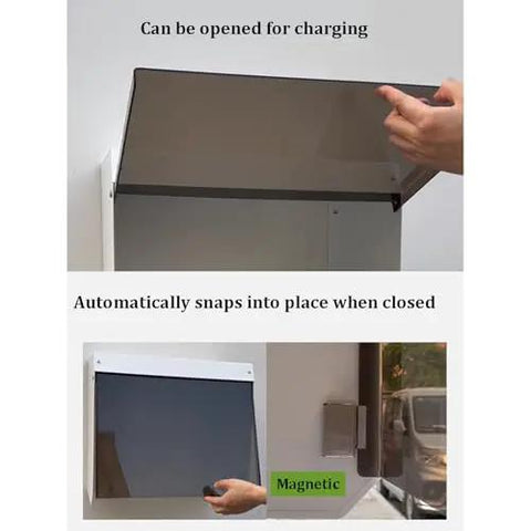 Tough As Nails Metal Awning For Ev Chargers And Security Cameras All Weather Roof Cover shown opening for charging with magnetic closure.