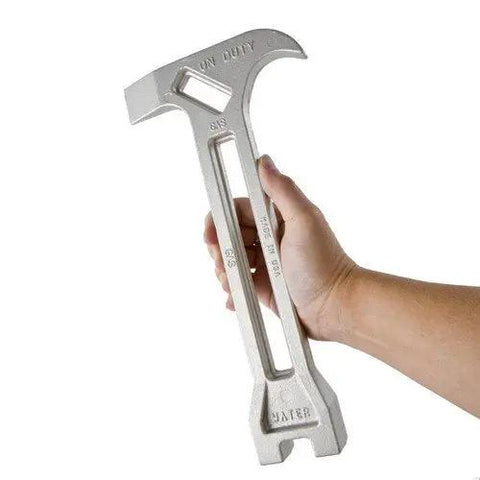 Emergency Gas Shut Off 4 In 1 Tool For Home Safety And Disaster Prep Gas And Water Valve Wrench Non Sparking Heat Treated Alloy Firefighter Tested Made In USA On Duty shown in hand