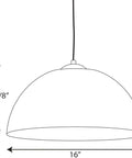 Diagram of 1 Light Dome Pendant Light With Painted Silver Metal Shade, Modern Indoor LED Ceiling Fixture In White, dimensions 8-7/8" by 16"