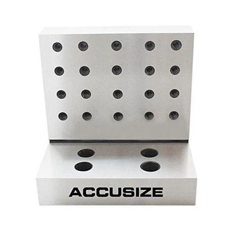 Angle plate, Accusize precision 6x6x4 inches, metal with grid of through-holes; base bears ACCURSIZE logo.