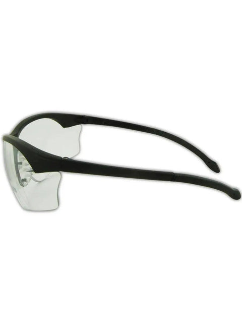 144 Count Bulk Pack Black Frame Reading Glasses with 1.50 Diopter Crystal Clear Polycarbonate Lenses side view for comfort and impact resistance.