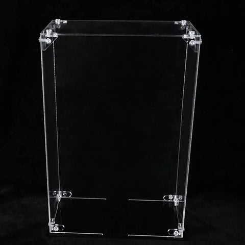No Sweat Setup Acrylic Display Case Triangle Connector Seamless Assembly Clear Display Box demonstrating transparent triangular corner joints.