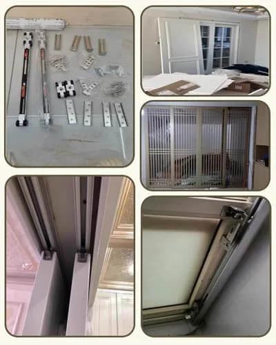 Soft Close Pocket Door Track Kit For Barn Doors, 5.9Ft black sliding hardware installed on doors and ceiling, close-up views.