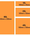 Visual guide of various sizes of Automatic Fire Extinguisher Sticker Pad: 10L, 20L, 40L, 80L for quick heat detection.