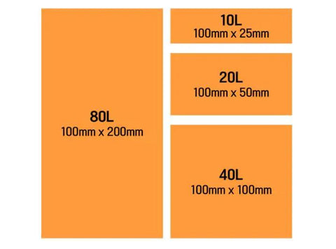 Visual guide of various sizes of Automatic Fire Extinguisher Sticker Pad: 10L, 20L, 40L, 80L for quick heat detection.
