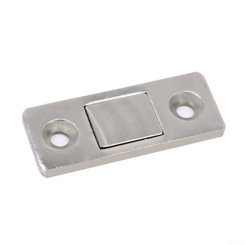 Close-up of a silver latch from the 8 Pack Slim Magnetic Cabinet Catch Latches For Doors, Flush Mount Silver Hardware With Strong Hold