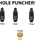 Leather Hole Punching Die Set With 1Mm 3Mm 5Mm 7Mm And 9Mm Punch Dies for Hand Press Machine, DIY tools shown in black and brass.