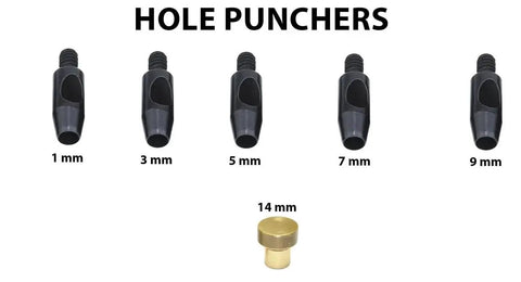 Leather Hole Punching Die Set With 1Mm 3Mm 5Mm 7Mm And 9Mm Punch Dies for Hand Press Machine, DIY tools shown in black and brass.
