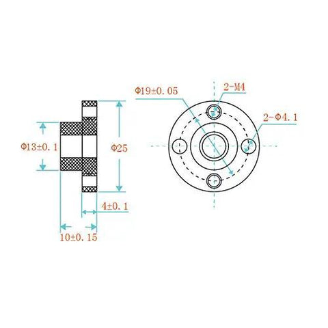 Technical drawing of 2 Pack Z Axis T8 Lead Screw POM Nut for 3D Printers I3 Series MK2 MK2S MK3 MK3S with precise measurements.