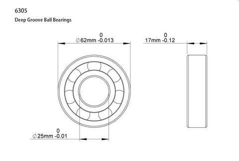 Technical drawing of 10 Pack Deep Groove Ball Bearings 6305 ZZ 25x62x17mm High Speed Chrome Steel Double Shielded