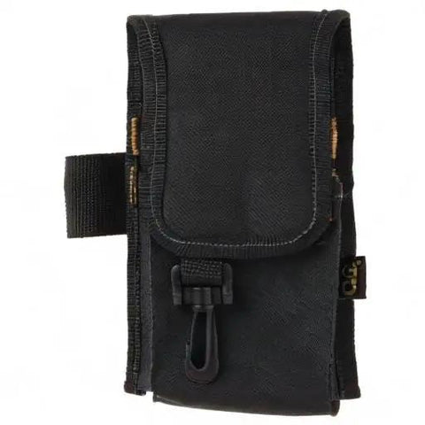 Heavy Duty Poly Tool And Cell Phone Holder Built Tough For Contractors Attaches Securely To Suspenders Aprons in black color.