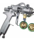 Heavy Duty Dual Nozzle Pneumatic Paint Sprayer With Pressure Feed For Smooth Coating On Any Workpiece Featuring Stainless Steel Tips and Needles, silver finish, includes nozzles.