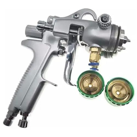 Heavy Duty Dual Nozzle Pneumatic Paint Sprayer With Pressure Feed For Smooth Coating On Any Workpiece Featuring Stainless Steel Tips and Needles, silver finish, includes nozzles.
