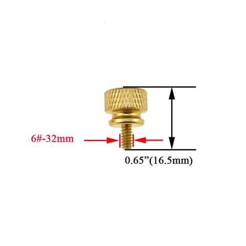 Image of a gold anodized aluminum thumb screw with a 6-32 thread, large knurled head, 0.65 inch length, designed for computer case PCI slot.