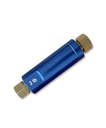IMOOA blue 2 lb disc brake residual pressure check valve, aluminum body with brass ends, side view
